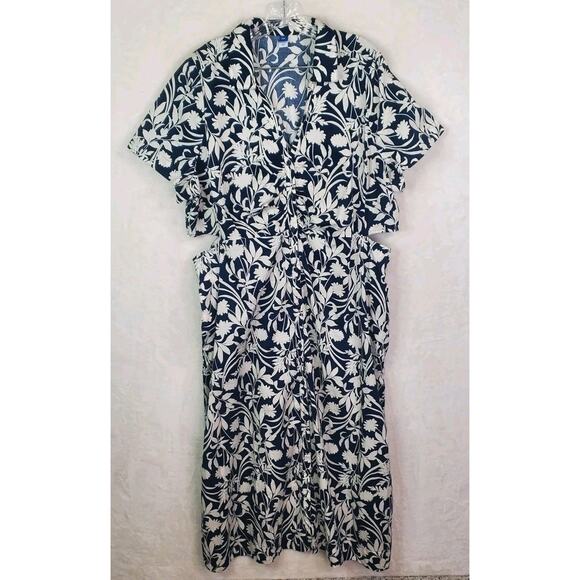Old Navy Waist-Defined Midi Shirt Dress Navy Blue White Floral Cotton Sz XXL - Picture 4 of 14